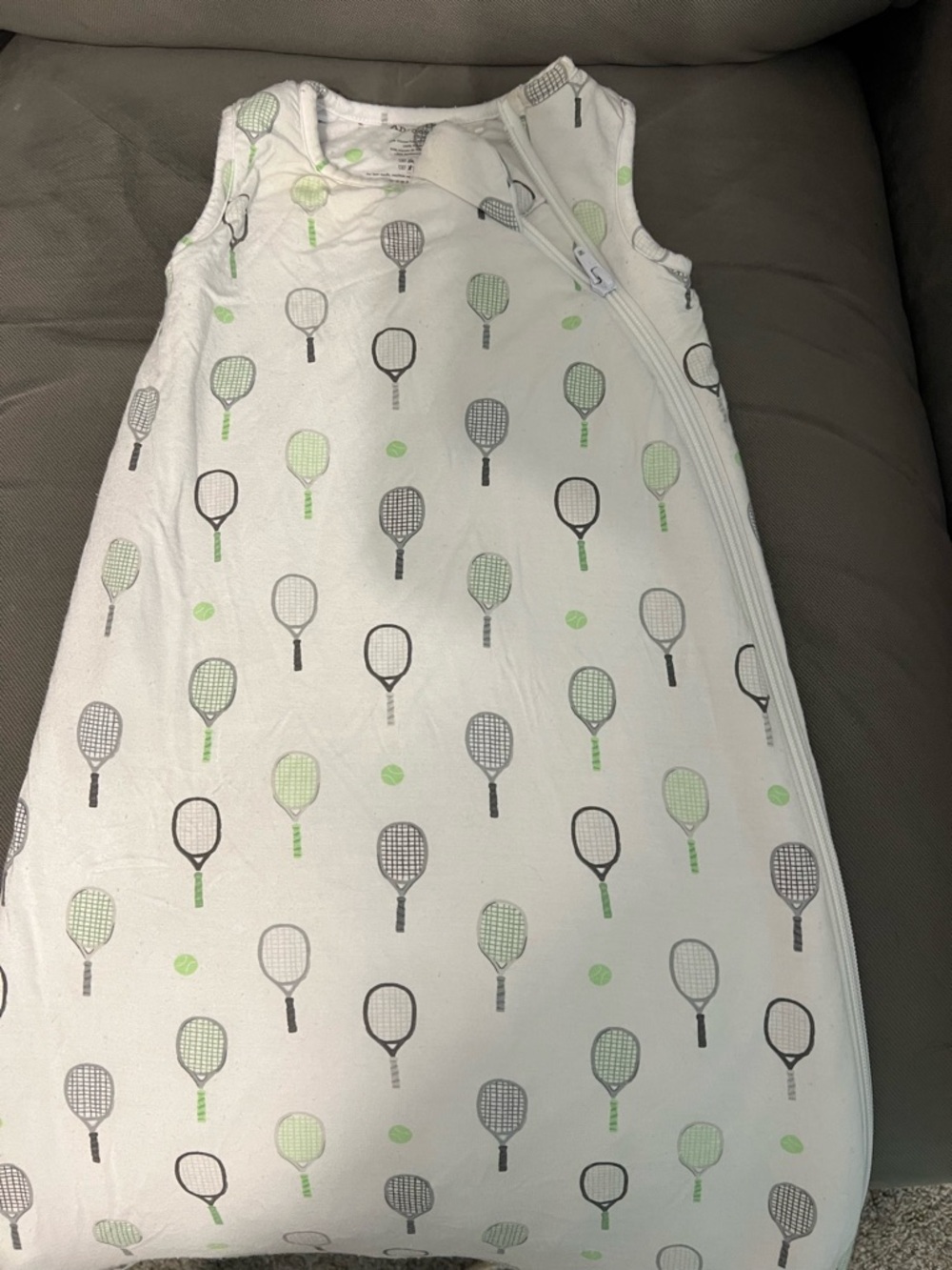 Angel Dear White Sleep Sack with Green and Gray Tennis Racket Print